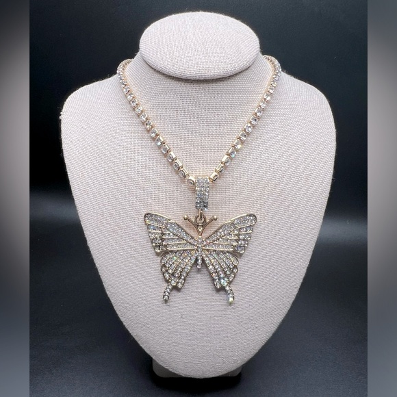 Gold Rhinestone Sparkly Butterfly Necklace - Picture 1 of 3